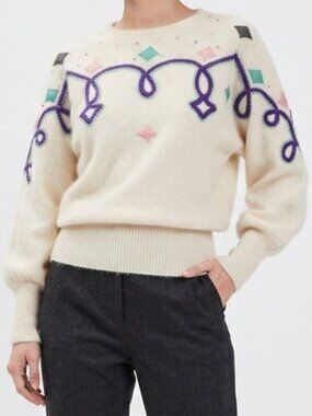 Vintage 80s Pastel Angora Geometric Sweater Cream Ivory Large